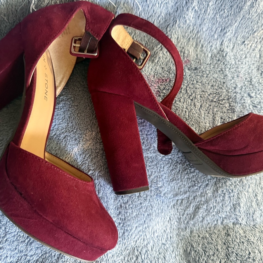 Sun + Stone Red Block Heel Peep-Toe Heels